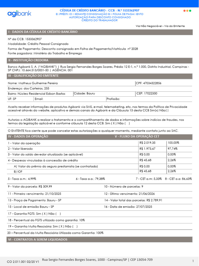CCB Empréstimo Consignado Agibank | PDF | Empréstimos | Crédito
