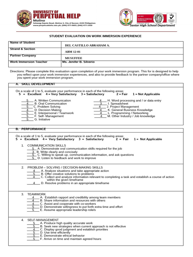 Work Immersion Experience Evaluation | PDF | Learning | Leadership