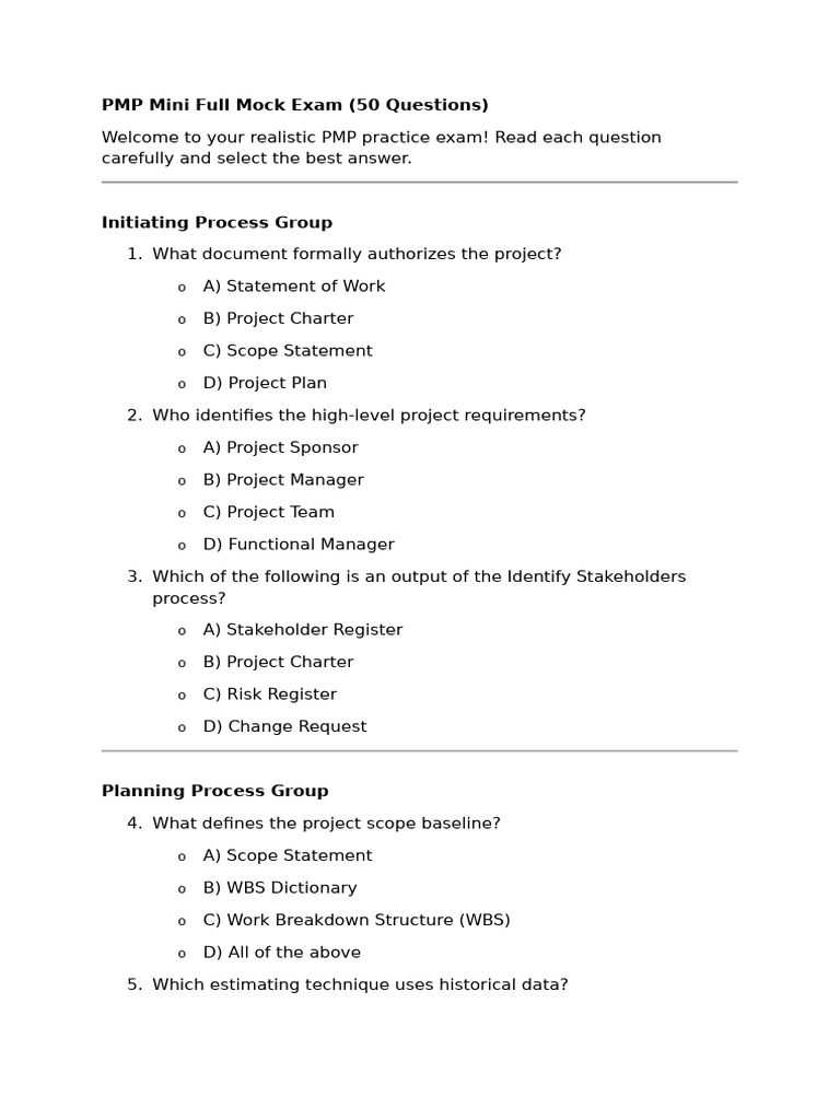 PMP Mini Mock Exam: 50 Questions | PDF | Scrum (Software Development ...
