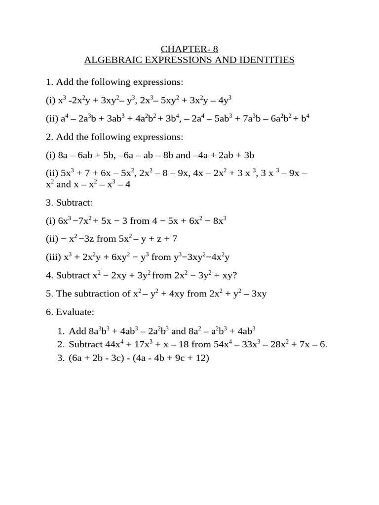Algebraic Expressions for Class 8 | PDF