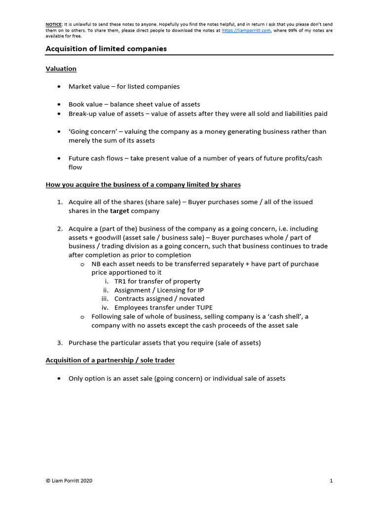 Limited Company Acquisition Guide | PDF | Indemnity | Mergers And ...