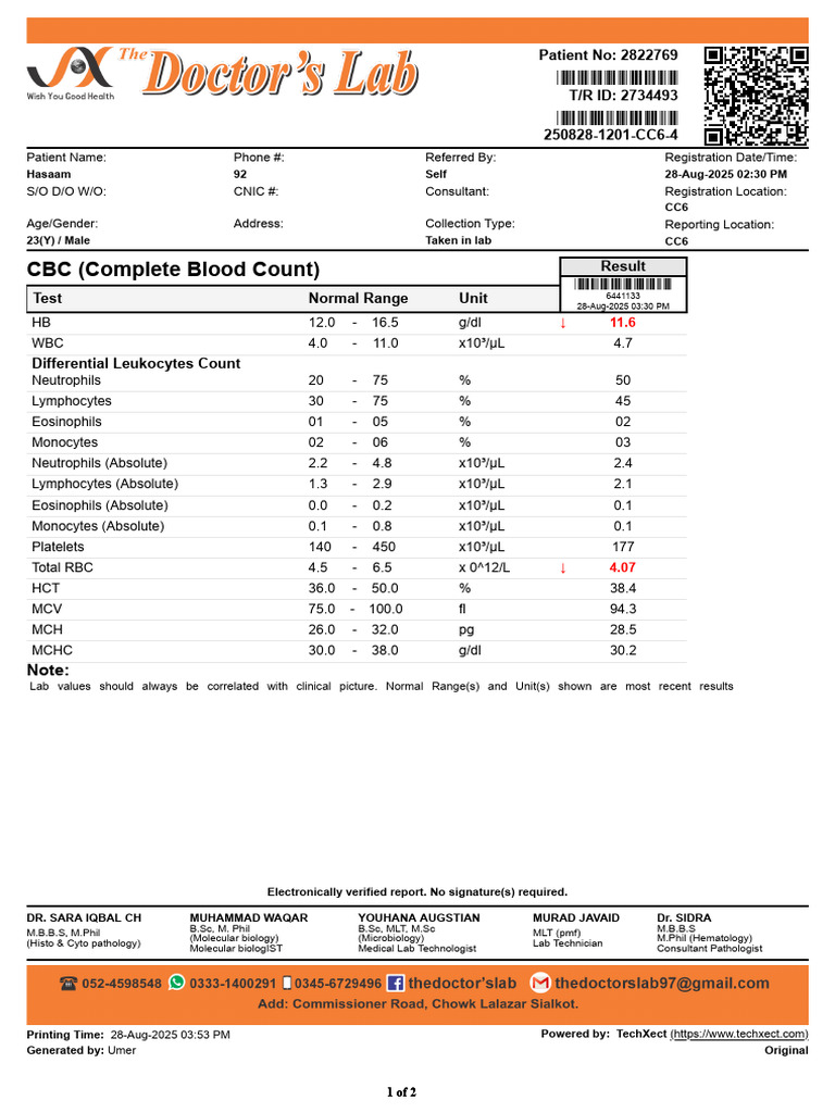 CBC (Complete Blood Count) : Patient No: 2822769 T/R ID: 2734493 250828 ...