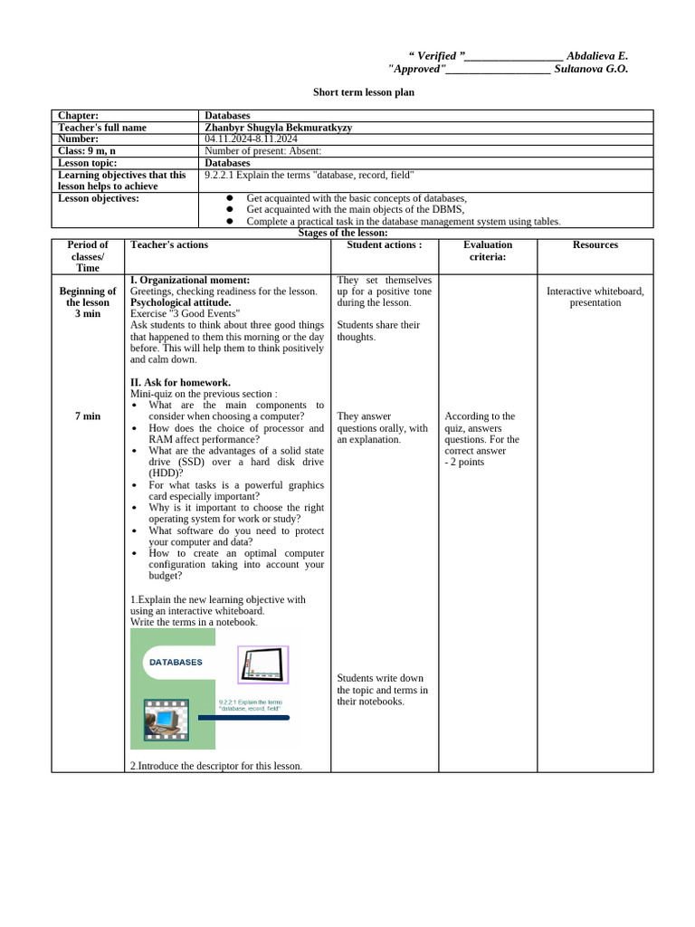 Short Term Lesson Plan on Databases | PDF | Databases | Spreadsheet