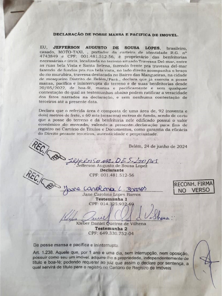 Declaração De Posse Mansa E Pacifica Pdf Pdf
