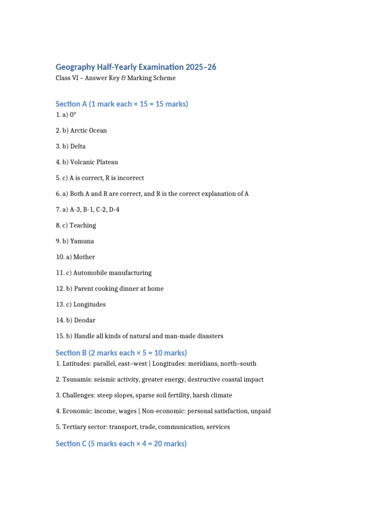 Geography Exam Answer Key 2025-26 | PDF