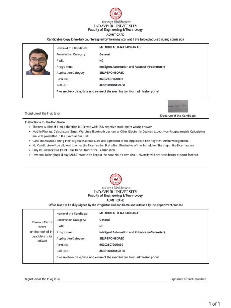Admit Card for Intelligent Automation Exam | PDF