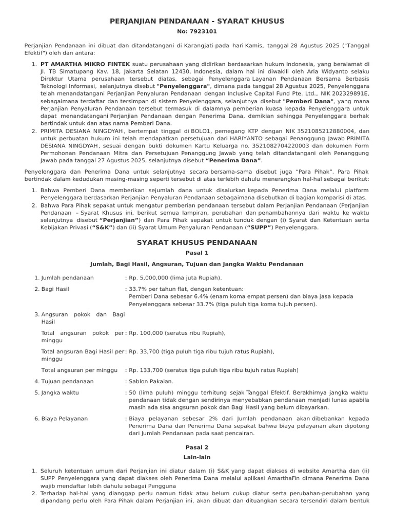 Perjanjian Pendanaan Khusus Rp5 Juta | PDF