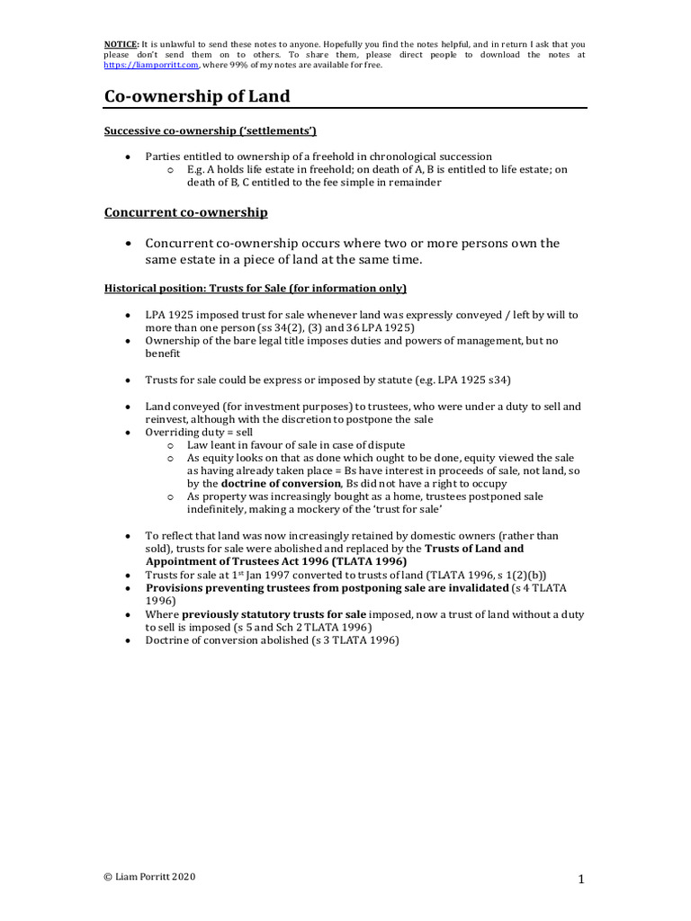 Co-Ownership of Land: Legal Insights | PDF | Concurrent Estate | Bankruptcy