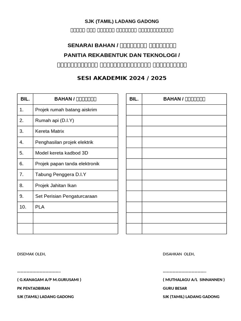 Senarai Bahan Panitia RBT Depan Almari | PDF