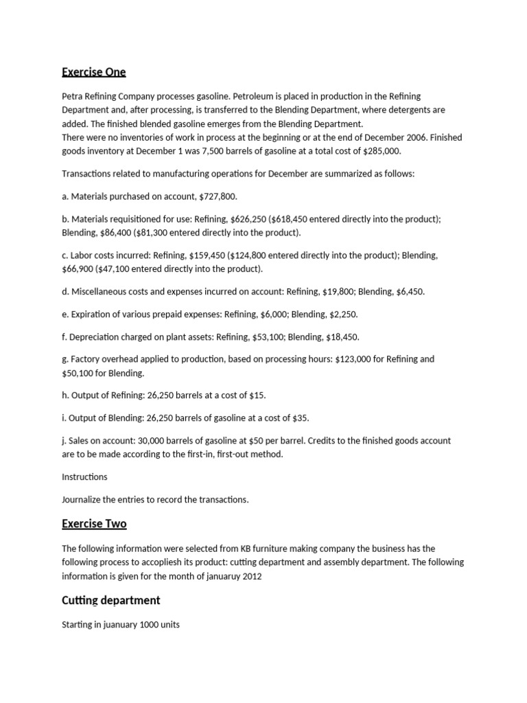 Exercise One-Process Costing System | PDF | Cost | Oil Refinery