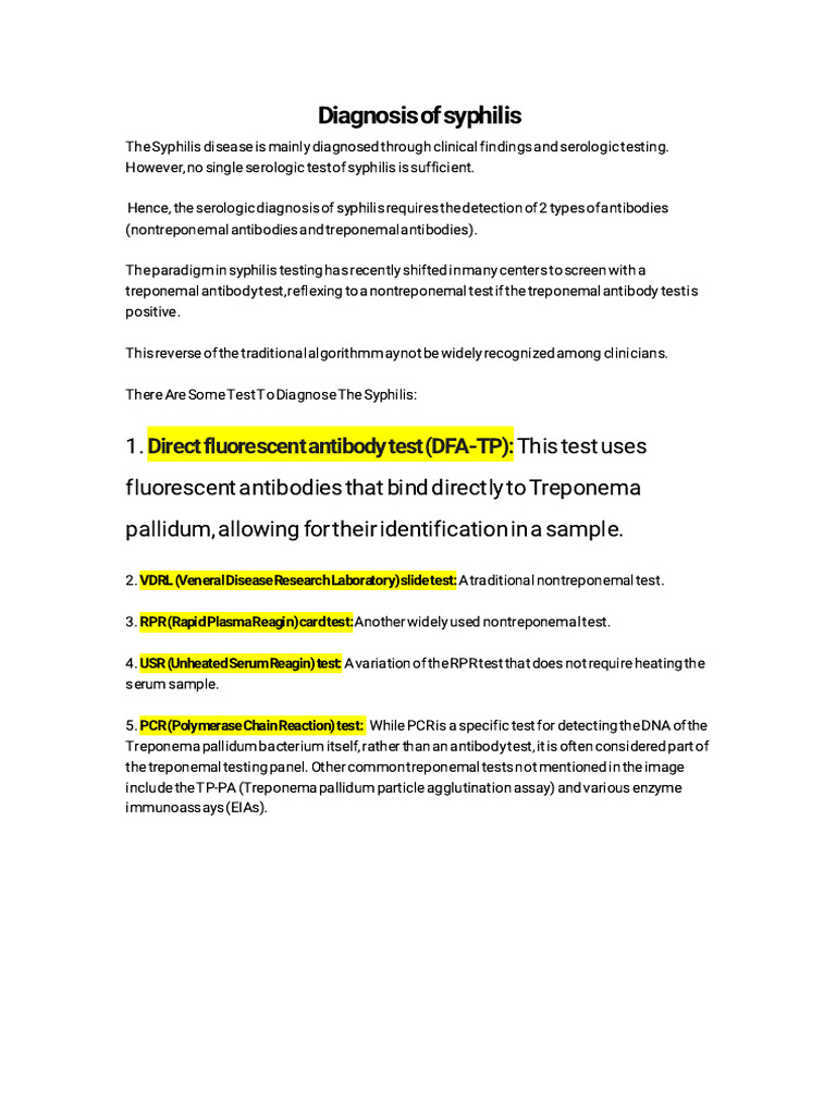 Syphilis Diagnosis: Testing Methods Explained | PDF