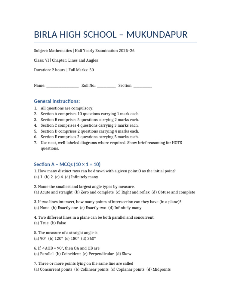 Class VI Math Exam: Lines and Angles | PDF | Line (Geometry) | Angle