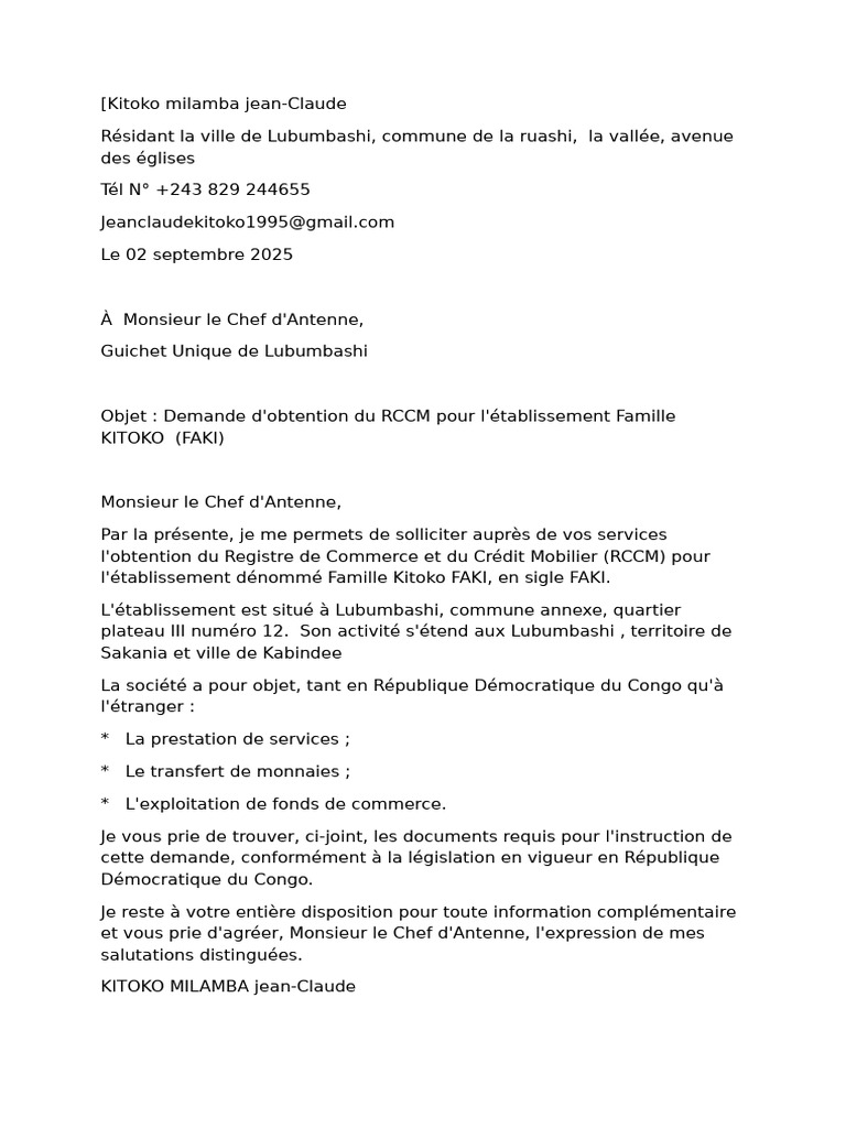 Demande de RCCM pour Famille Kitoko FAKI | PDF
