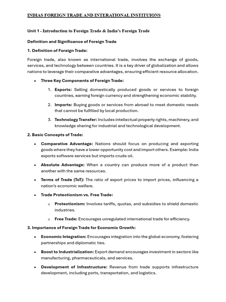 Unit 1 - Indias Foreign Trade and International Institutions | PDF ...