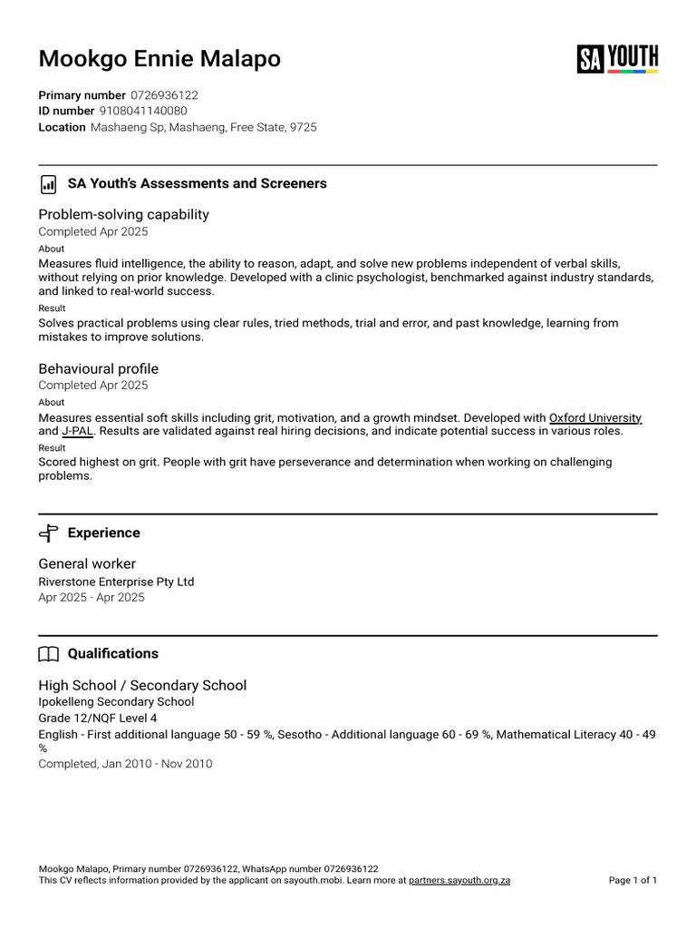 Mookgo Malapo's Skills Assessment CV | PDF