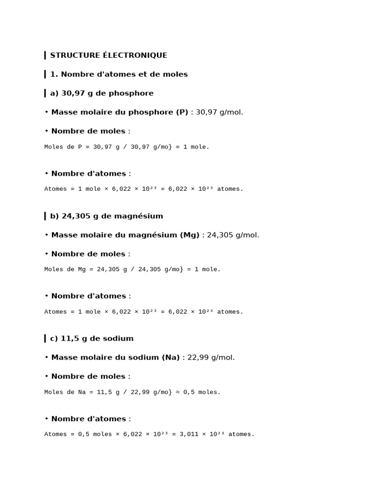 Calculs de masse molaire et moles chimiques | PDF | Orbitale atomique ...