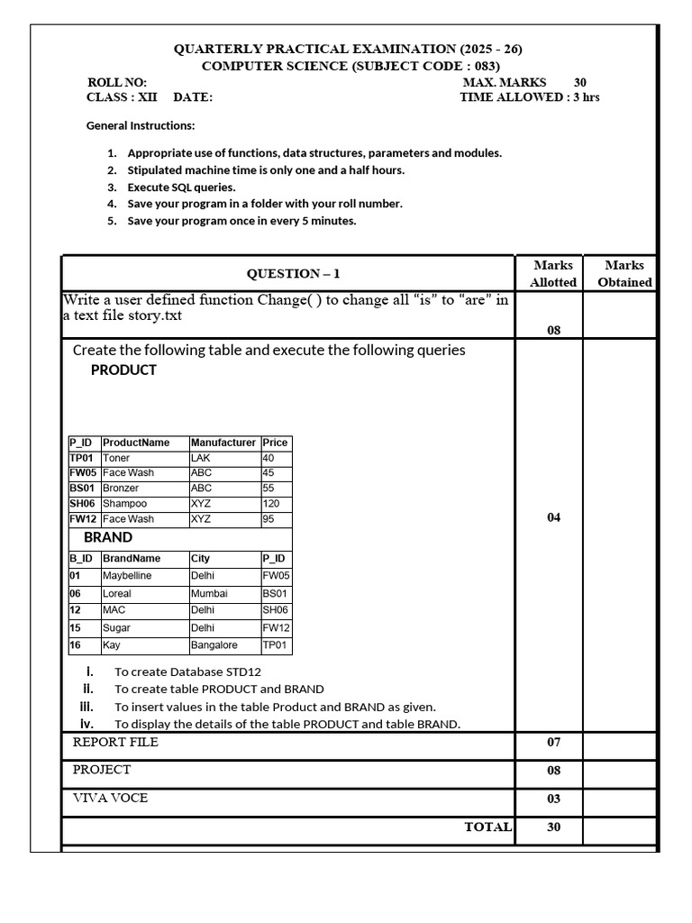 Computer Science Practical Exam 2025-26 | PDF | Sql | Data