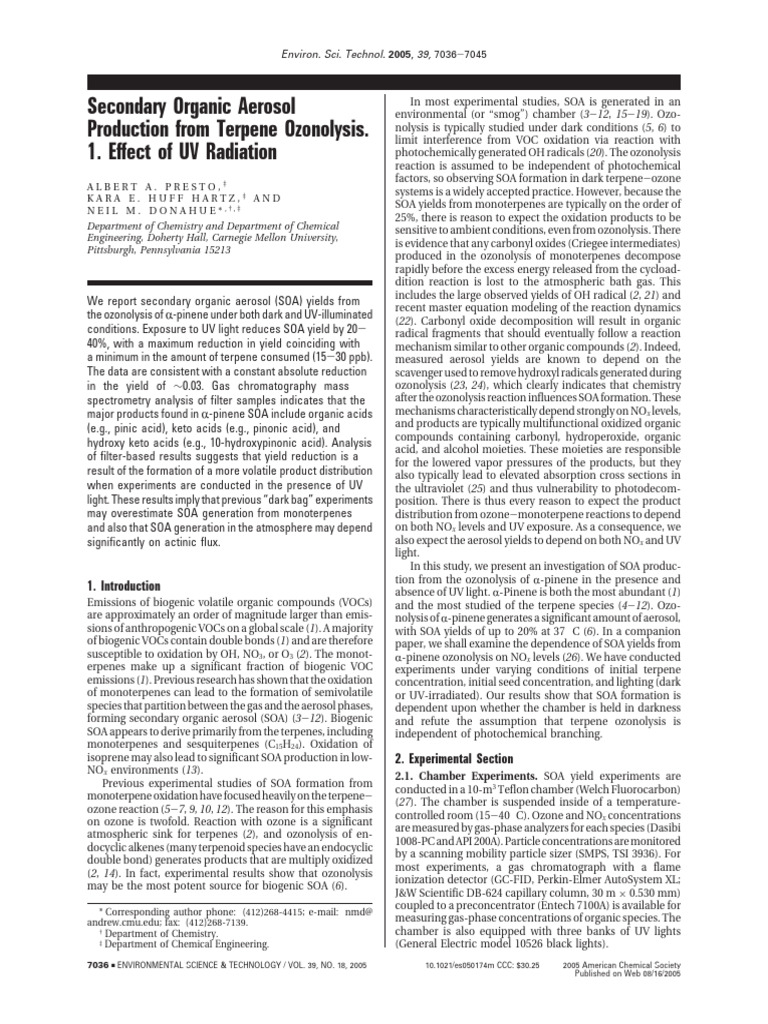 SOA Yields from R-Pinene Ozonolysis Study | PDF | Volatile Organic ...