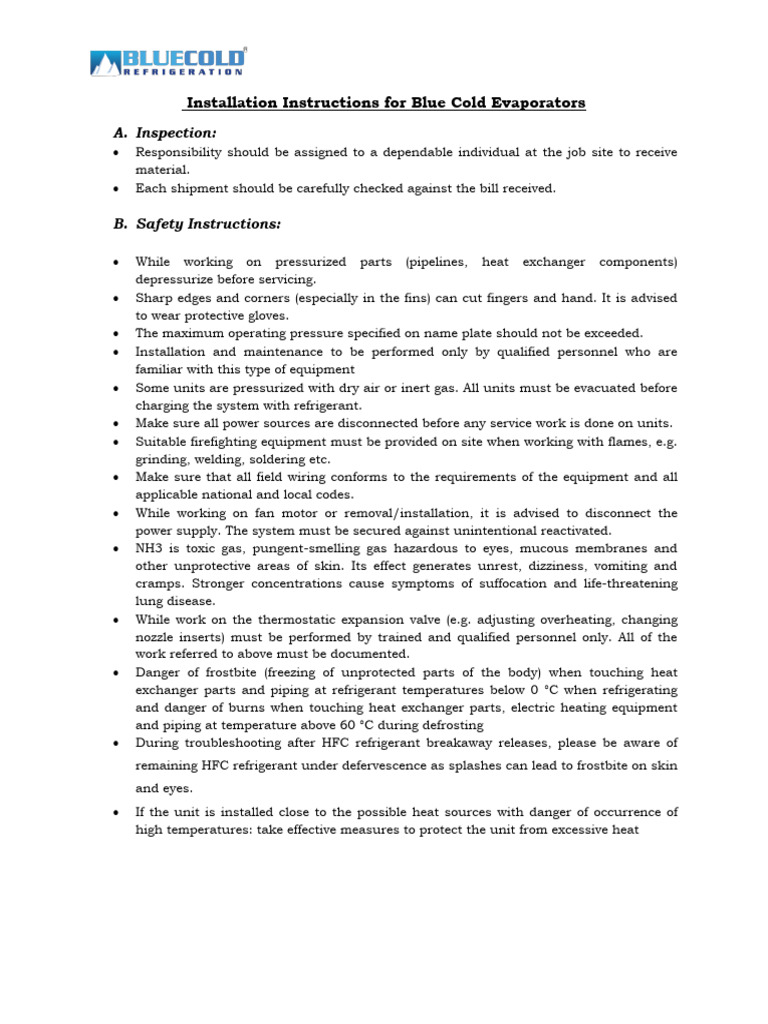 Blue Cold Evaporator Installation Guide | PDF | Thermostat | Applied ...
