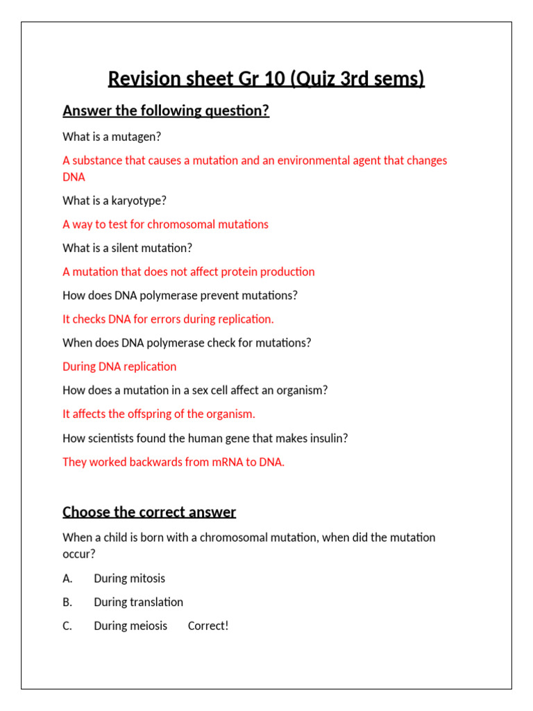 Grade 10 Genetics Revision Quiz | PDF | Dna | Mutation