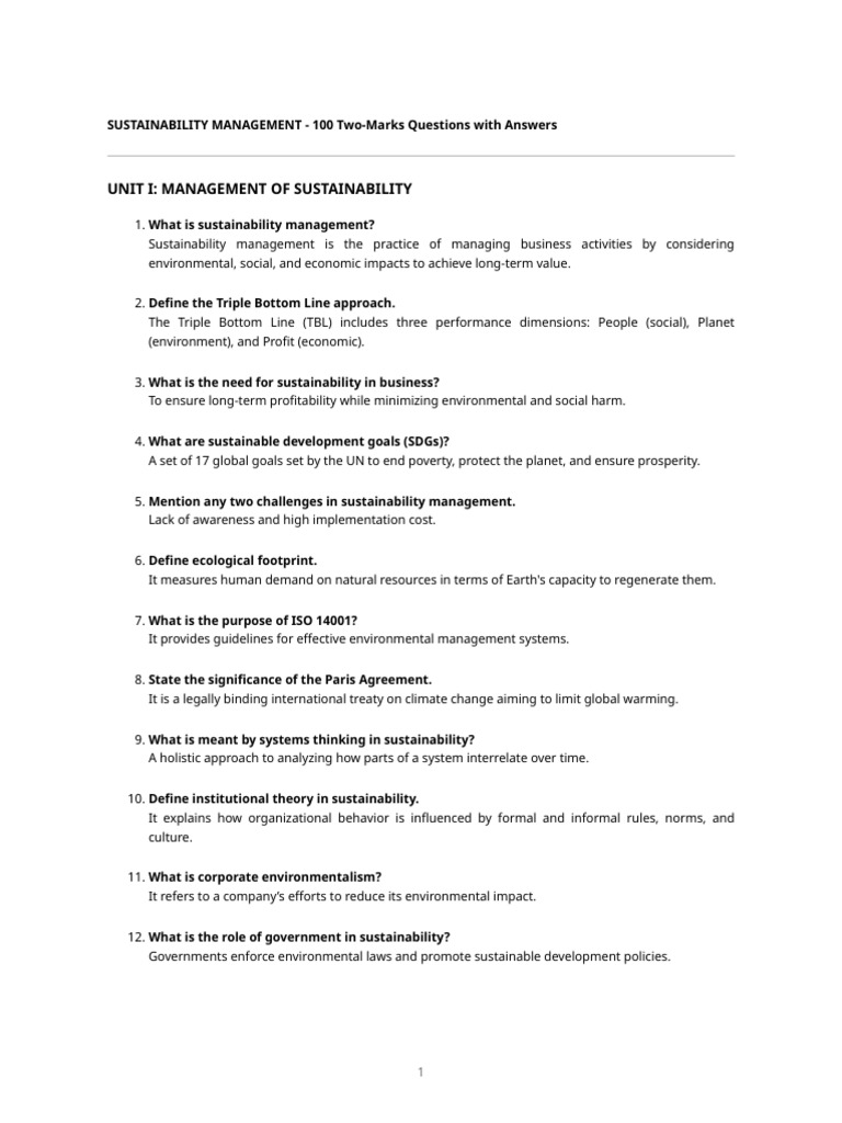 100 Sustainability Management Q&A | PDF | Sustainability | Corporate ...