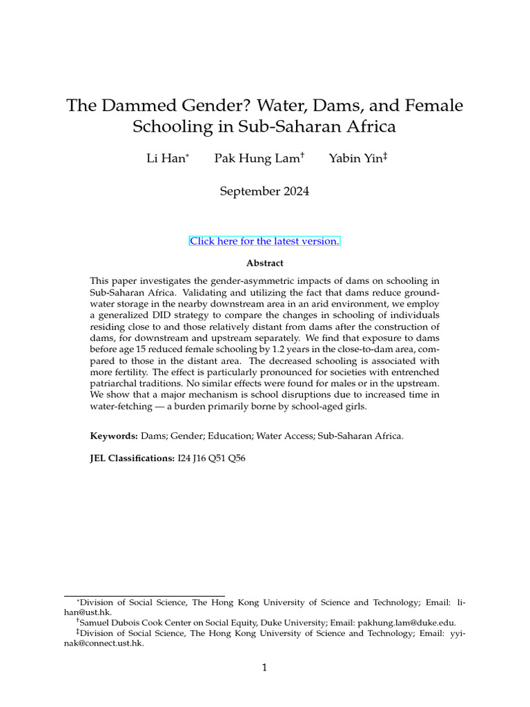 The Dammed Gender - Water, Dams, and Female Schooling in Sub-Saharan ...