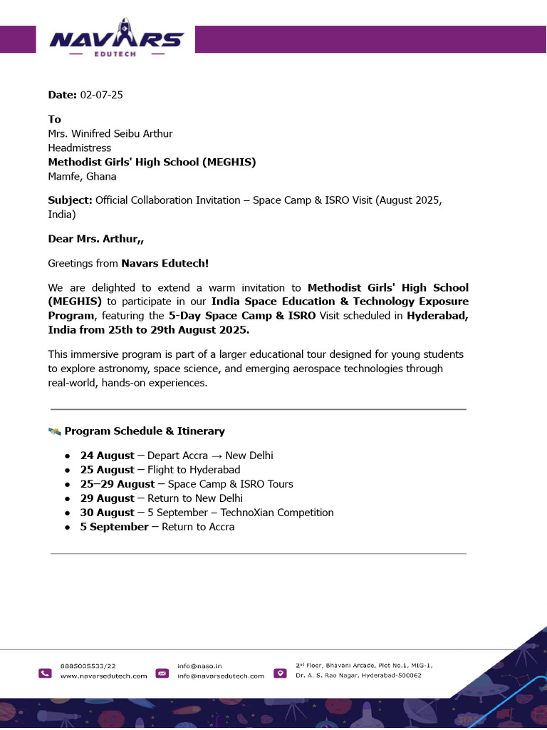 Space Camp Invitation for MEGHIS Students | PDF