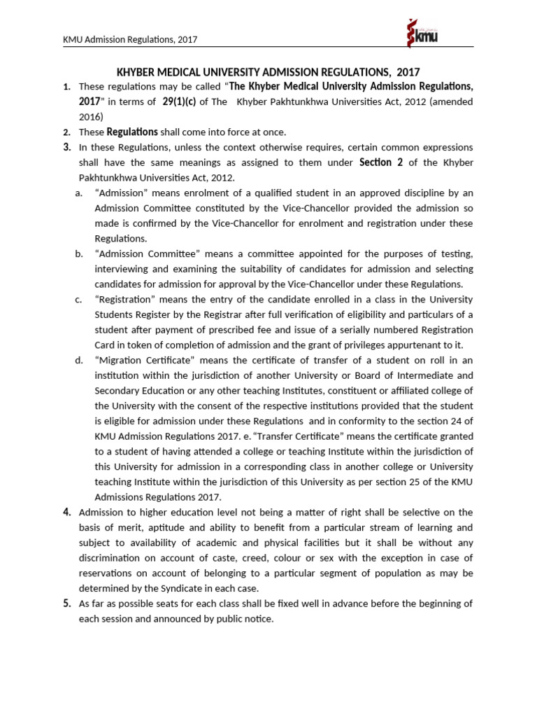 KMU Admission Regulations 2017 Guide | PDF | University And College ...