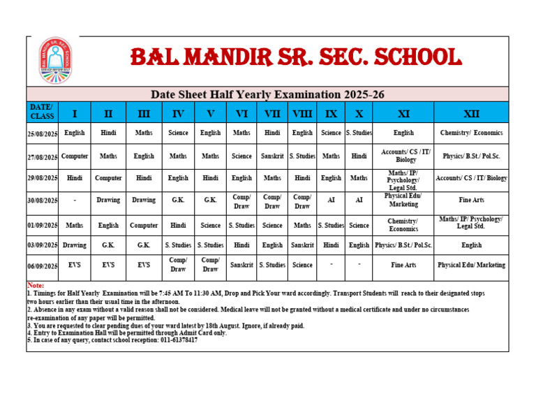 Half Yearly Exam Date Sheet 2025 | PDF