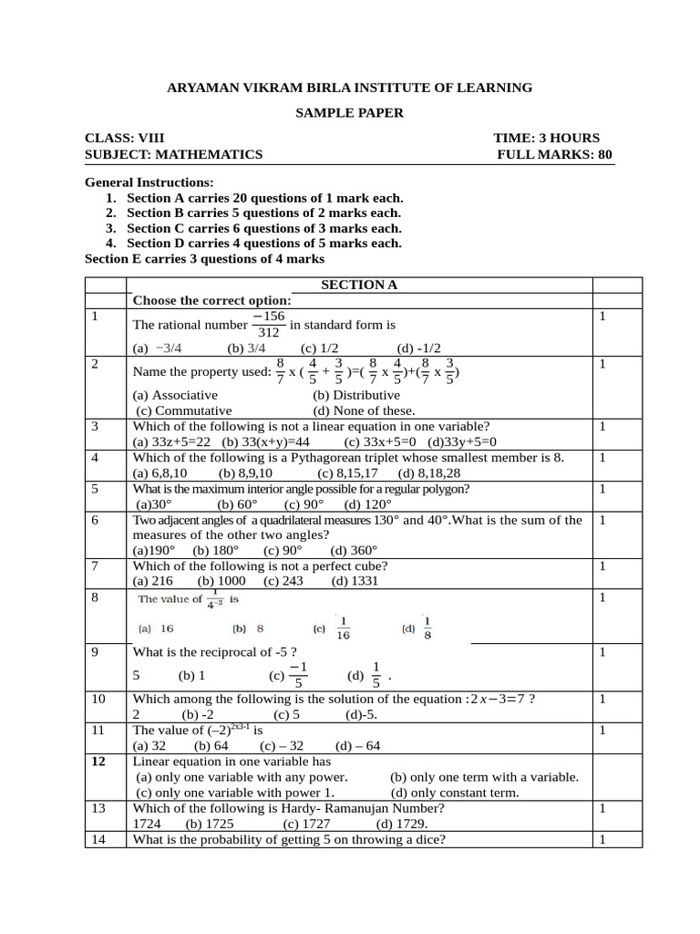 Class VIII Mathematics Sample Paper | PDF | Variable (Mathematics ...