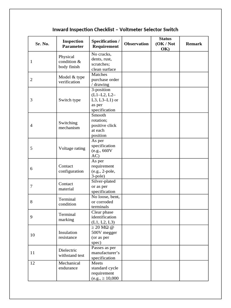 Voltmeter Switch Inspection Checklist | PDF | Switch | Electromagnetism