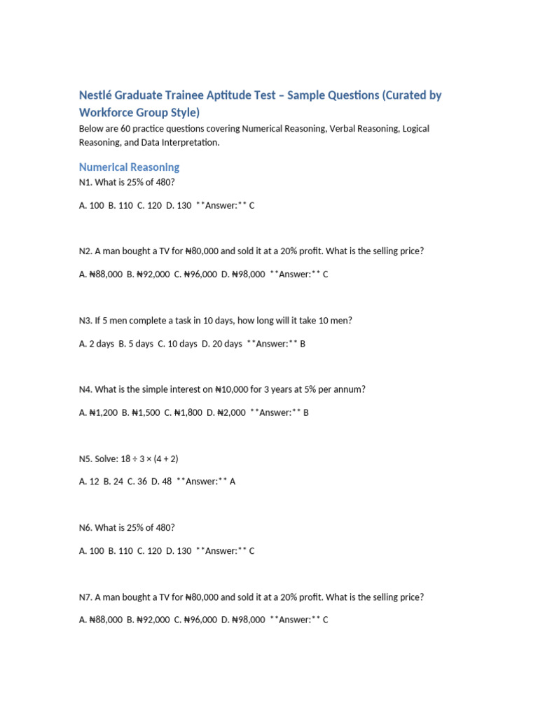 Nestle Workforce Aptitude Test Sample Questions | PDF