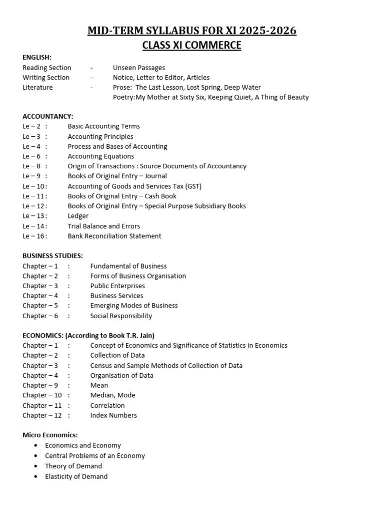 Mid Term Syllabus XI Com | PDF | Accounting | Economics