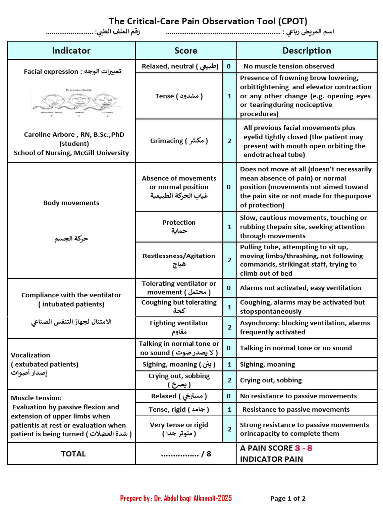 Critical-Care Pain Observation Tool Guide | PDF | Pain | Medical ...
