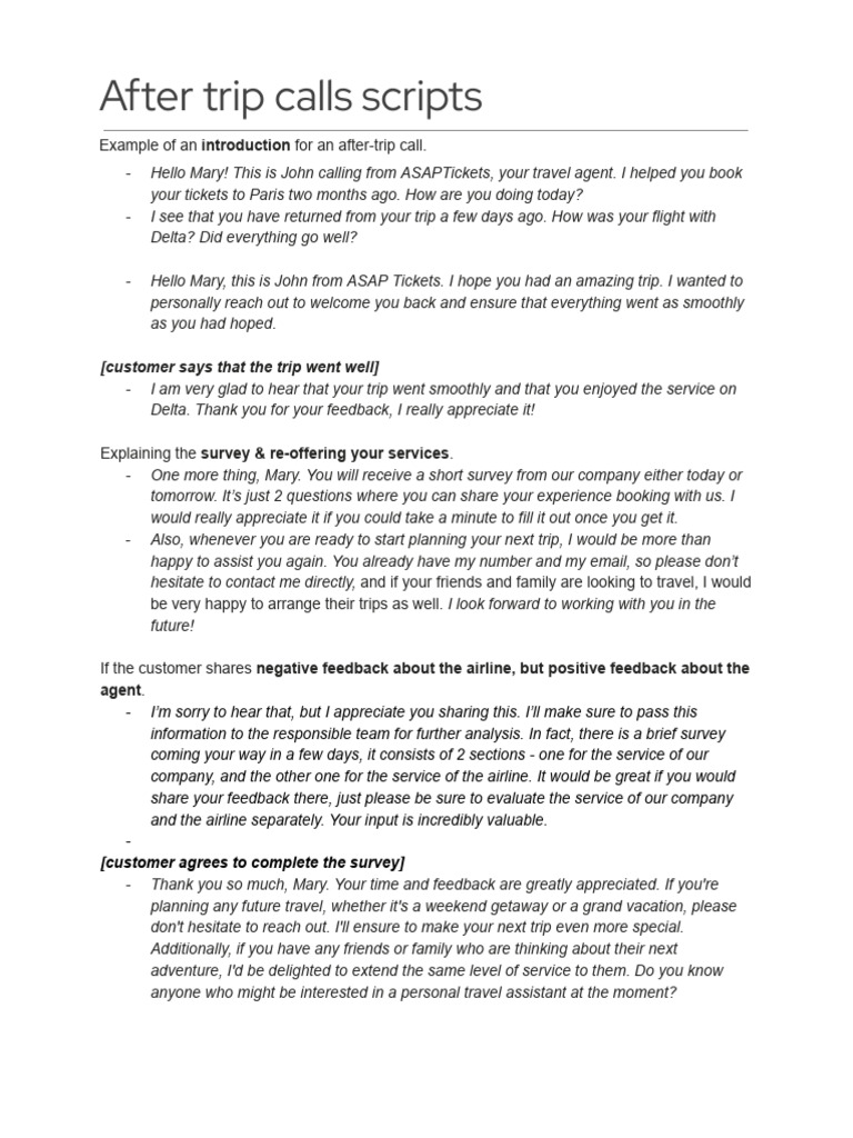 After Trip Call Scripts 2024 | PDF