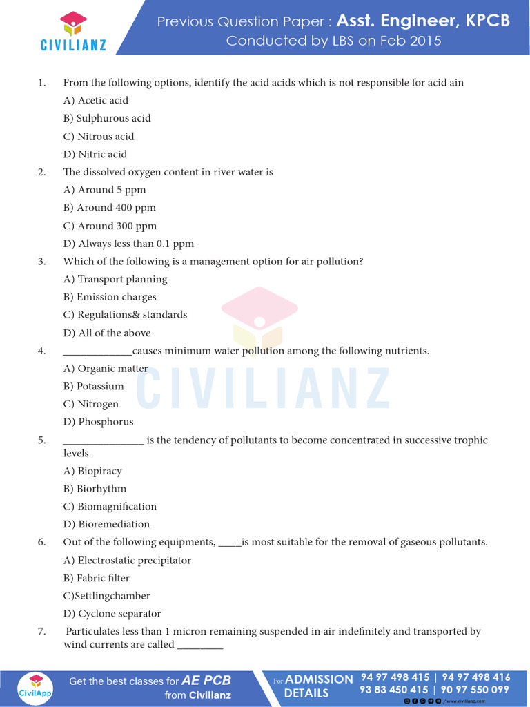 KPCB Assistant Engineer Exam Paper | PDF | Pump | Water Purification