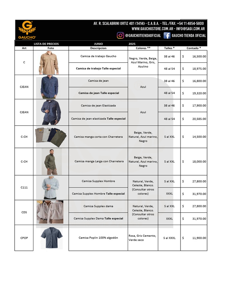 Lista de Precios 2025 Ropa y Calzado | PDF | Camisa | Arco iris