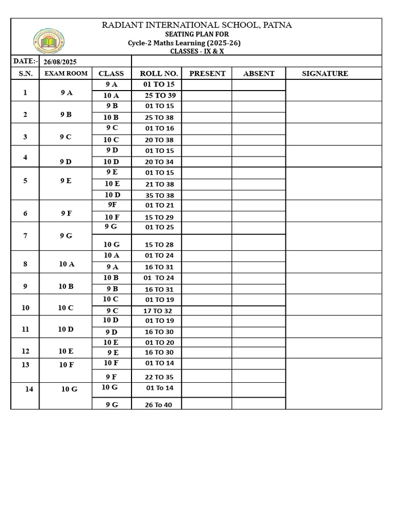 Radiant School Maths Seating Plan 2025 | PDF