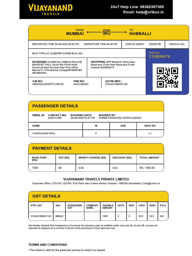 Passenger Booking Details for VRL Bus | PDF