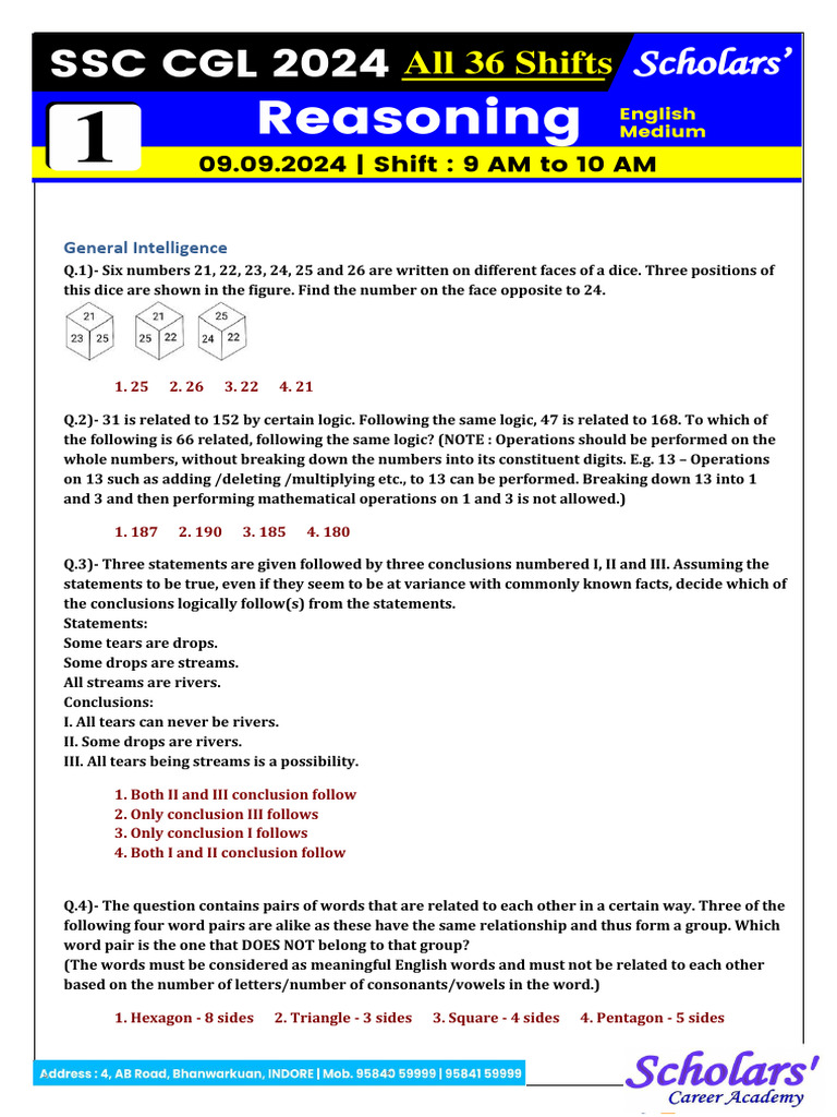 5 Reasoning (Eng) SSC CGL 2024 Tier-1 Scholars' | PDF | English ...
