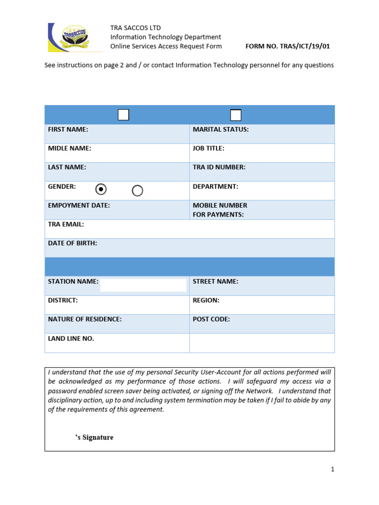 TRA SACCOS Online Access Request Form | PDF | Computing