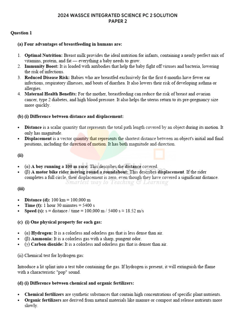 WASSCE Integrated Science Paper 2 Solutions | PDF | Ph | Breastfeeding