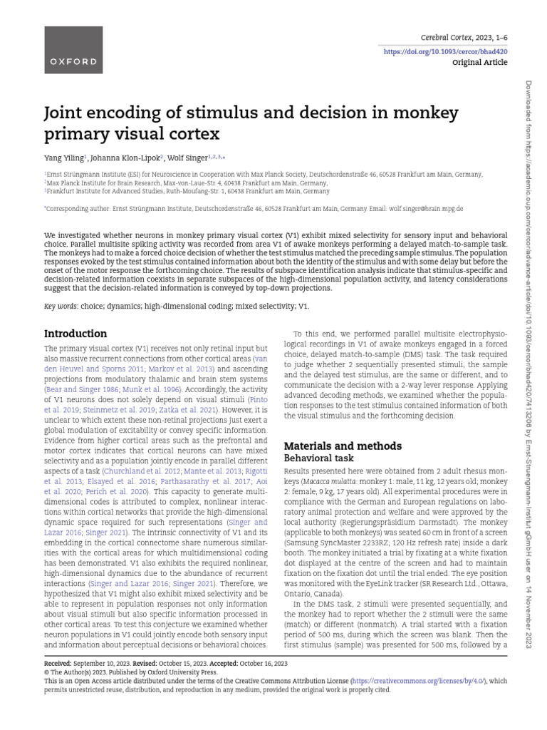 Encoding Stimulus and Decision in V1 | PDF | Visual Cortex | Cerebral ...
