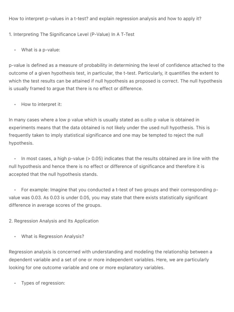 How to Interpret P-Values in a T-test? and Explain Regression Analysis ...