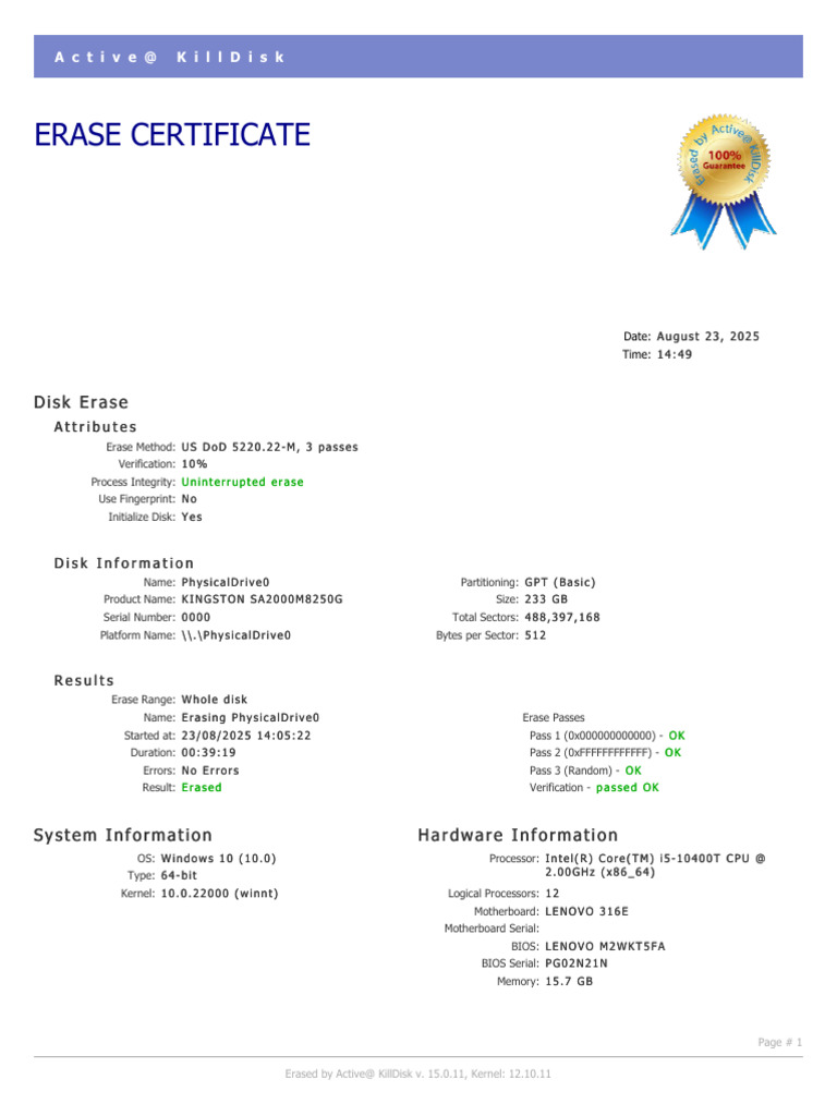 Active@ KillDisk Erase Certificate | PDF | Bios | Disk Storage