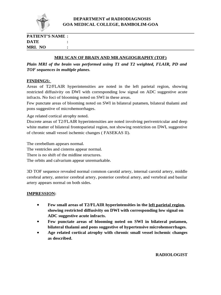 MRI Brain Scan Report: Acute Infarcts & Atrophy | PDF