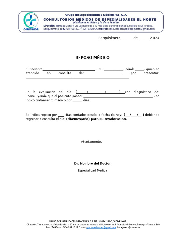 Modelo de Reposo Médico en Venezuela | PDF