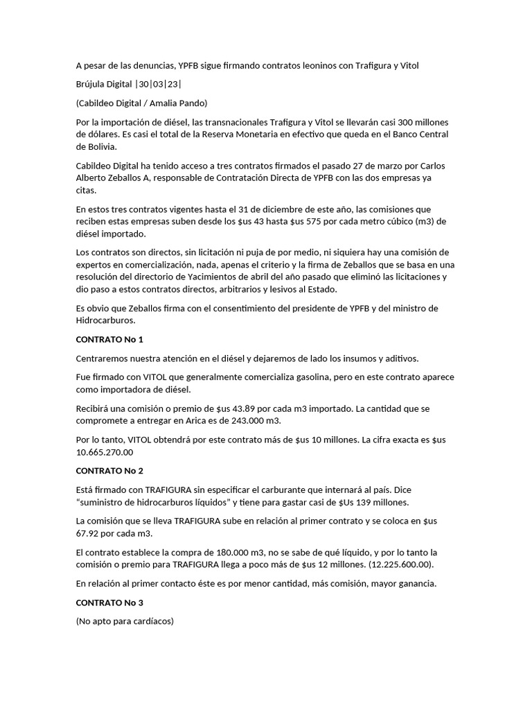 Contratos abusivos de YPFB con Trafigura y Vitol | PDF | Economias