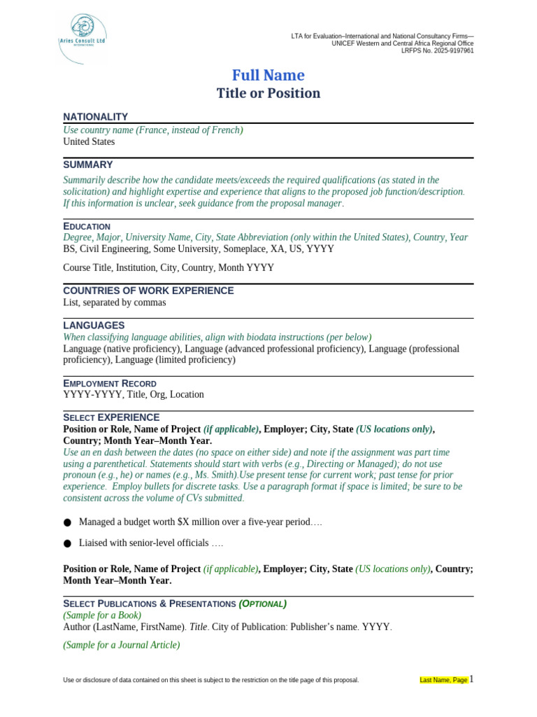 UNICEF CV Format Guidelines | PDF | Syntax | Grammar