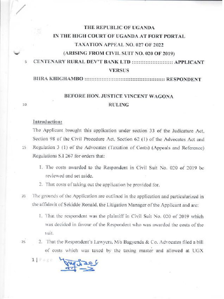 Centenary Rural Development Bank LTD V Biira Khighambo (Taxation Appeal ...